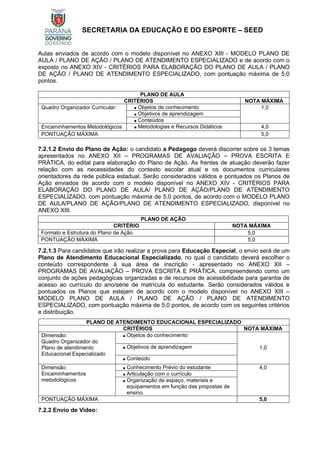 SECRETARIA DA EDUCAÇÃO E DO ESPORTE – SEED
Aulas enviados de acordo com o modelo disponível no ANEXO XIII - MODELO PLANO DE
AULA / PLANO DE AÇÃO / PLANO DE ATENDIMENTO ESPECIALIZADO e de acordo com o
exposto no ANEXO XIV - CRITÉRIOS PARA ELABORAÇÃO DO PLANO DE AULA / PLANO
DE AÇÃO / PLANO DE ATENDIMENTO ESPECIALIZADO, com pontuação máxima de 5,0
pontos.
PLANO DE AULA
CRITÉRIOS NOTA MÁXIMA
Quadro Organizador Curricular: • Objetos de conhecimento 1,0
• Objetivos de aprendizagem
• Conteúdos
Encaminhamentos Metodológicos • Metodologias e Recursos Didáticos 4,0
PONTUAÇÃO MÁXIMA 5,0
7.2.1.2 Envio do Plano de Ação: o candidato a Pedagogo deverá discorrer sobre os 3 temas
apresentados no ANEXO XII – PROGRAMAS DE AVALIAÇÃO – PROVA ESCRITA E
PRÁTICA, do edital para elaboração do Plano de Ação. As frentes de atuação deverão fazer
relação com as necessidades do contexto escolar atual e os documentos curriculares
orientadores da rede pública estadual. Serão considerados válidos e pontuados os Planos de
Ação enviados de acordo com o modelo disponível no ANEXO XIV - CRITÉRIOS PARA
ELABORAÇÃO DO PLANO DE AULA/ PLANO DE AÇÃO/PLANO DE ATENDIMENTO
ESPECIALIZADO, com pontuação máxima de 5,0 pontos, de acordo com o MODELO PLANO
DE AULA/PLANO DE AÇÃO/PLANO DE ATENDIMENTO ESPECIALIZADO, disponível no
ANEXO XIII.
PLANO DE AÇÃO
CRITÉRIO NOTA MÁXIMA
Formato e Estrutura do Plano de Ação 5,0
PONTUAÇÃO MÁXIMA 5,0
7.2.1.3 Para candidatos que irão realizar a prova para Educação Especial, o envio será de um
Plano de Atendimento Educacional Especializado, no qual o candidato deverá escolher o
conteúdo correspondente à sua área de inscrição - apresentado no ANEXO XII –
PROGRAMAS DE AVALIAÇÃO – PROVA ESCRITA E PRÁTICA, compreendendo como um
conjunto de ações pedagógicas organizadas e de recursos de acessibilidade para garantia de
acesso ao currículo do ano/série de matrícula do estudante. Serão considerados válidos e
pontuados os Planos que estejam de acordo com o modelo disponível no ANEXO XIII –
MODELO PLANO DE AULA / PLANO DE AÇÃO / PLANO DE ATENDIMENTO
ESPECIALIZADO, com pontuação máxima de 5,0 pontos, de acordo com os seguintes critérios
e distribuição.
PLANO DE ATENDIMENTO EDUCACIONAL ESPECIALIZADO
CRITÉRIOS NOTA MÁXIMA
Dimensão:
Quadro Organizador do
Plano de atendimento
Educacional Especializado
• Objetos do conhecimento
1,0
• Objetivos de aprendizagem
• Conteúdo
Dimensão:
Encaminhamentos
metodológicos
• Conhecimento Prévio do estudante 4,0
• Articulação com o currículo
• Organização de espaço, materiais e
equipamentos em função das propostas de
ensino.
PONTUAÇÃO MÁXIMA 5,0
7.2.2 Envio de Vídeo:
 
