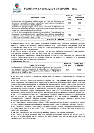SECRETARIA DA EDUCAÇÃO E DO ESPORTE – SEED
Quadro de Títulos
Valor de
cada
título
Valor
máximo dos
títulos
a) Curso de pós-graduação Stricto sensu, em nível de Doutorado, de
acordo com as exigências legais específicas no período de realização do
respectivo curso. (máximo de 1 (um) título)
4,00 4,00
b) Curso de pós-graduação Stricto sensu, em nível de Mestrado, de
acordo com as exigências legais específicas no período de realização do
respectivo curso. (máximo de 1 (um) título)
3,00 3,00
c) Curso de pós-graduação Lato sensu, em nível de Especialização, de
acordo com as exigências legais específicas no período de realização do
respectivo curso, desde que não utilizado como requisito de escolaridade
– ANEXO I. (máximo de 3 (três) títulos)
1,00 3,00
PONTUAÇÃO MÁXIMA 10 PONTOS
8.4 O candidato inscrito para função que aceite especialização dentre os requisitos para seu
exercício, deverá encaminhar obrigatoriamente o(s) certificado(s) utilizado(s) para tal
comprovação, caso tenha outro título em nível de especialização e deseje que este seja
pontuado nesta etapa de avaliação.
8.4.1 O título de especialização compatível com requisito da função, apresentado por candidato
que não tiver observado o disposto no subitem 8.4, não será pontuado.
8.4.2 A avaliação, neste caso, será realizada de acordo com os requisitos de cada função,
podendo o candidato receber pontuações diferentes na alínea c, do subitem 8.3, a depender
dos certificados e documentos apresentados.
8.5 Tempo de Serviço
TEMPO DE SERVIÇO
PONTOS
POR ANO
PONTUAÇÃ
O MÁXIMA
a) Experiência profissional, devidamente comprovada, em magistério
em qualquer nível ou modalidade de educação, em estabelecimento
de ensino da rede particular ou pública, no período de 1.º de julho de
2017 a 30 de junho de 2022.
2,00 10,00
8.5.1 Não será pontuado o tempo de serviço fora do interstício determinado no subitem 8.5
deste Edital.
8.5.2 Será pontuado o tempo de serviço do período de 1.º de julho de 2017 a 30 de junho de
2022, desde que não corresponda a períodos de tempo de afastamento sem efetivo exercício,
como licença sem vencimentos e suspensões administrativas, sendo 2,00 pontos para cada
ano trabalhado, até o limite de 10,00 pontos, em instituições de ensino regular autorizadas pelo
Estado e regulamentadas por lei, tais como contratado em Regime Especial pela SEED; efetivo
exonerado do Quadro Próprio do Magistério – QPM pela SEED; contratado em regime celetista
em instituições de ensino da rede privada e em instituição pública federal, estadual e municipal.
8.5.2.1 O documento utilizado para comprovação do tempo de serviço deverá obrigatoriamente
ser em função ou cargo de atividade pedagógica e/ou de docência somente com as
nomenclaturas: professor, docente, professor pedagogo, pedagogo, orientador educacional,
supervisor educacional e coordenador pedagógico.
8.5.3 Caso conste, no documento utilizado para a comprovação do tempo de serviço, função
ou cargo com nomenclatura diversa das previstas neste Edital, o candidato não será pontuado.
8.5.3.1 O tempo de serviço em estágio de aprendizagem, estágio profissional supervisionado
ou monitorado, atividade voluntária, cargo comissionado ou bolsista não será aceito e não
deverá ser informado.
8.5.4 Será considerada a somatória dos períodos de tempo de serviço informado.
8.5.5 Quando a soma do tempo total dos períodos trabalhados resultar em fração igual ou
superior a 6 (seis) meses, será convertida em ano completo para fins de pontuação, conforme
demonstrativo no quadro abaixo.
 
