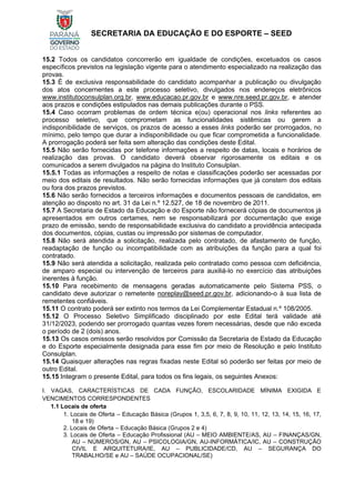SECRETARIA DA EDUCAÇÃO E DO ESPORTE – SEED
15.2 Todos os candidatos concorrerão em igualdade de condições, excetuados os casos
específicos previstos na legislação vigente para o atendimento especializado na realização das
provas.
15.3 É de exclusiva responsabilidade do candidato acompanhar a publicação ou divulgação
dos atos concernentes a este processo seletivo, divulgados nos endereços eletrônicos
www.institutoconsulplan.org.br, www.educacao.pr.gov.br e www.nre.seed.pr.gov.br, e atender
aos prazos e condições estipulados nas demais publicações durante o PSS.
15.4 Caso ocorram problemas de ordem técnica e(ou) operacional nos links referentes ao
processo seletivo, que comprometam as funcionalidades sistêmicas ou gerem a
indisponibilidade de serviços, os prazos de acesso a esses links poderão ser prorrogados, no
mínimo, pelo tempo que durar a indisponibilidade ou que ficar comprometida a funcionalidade.
A prorrogação poderá ser feita sem alteração das condições deste Edital.
15.5 Não serão fornecidas por telefone informações a respeito de datas, locais e horários de
realização das provas. O candidato deverá observar rigorosamente os editais e os
comunicados a serem divulgados na página do Instituto Consulplan.
15.5.1 Todas as informações a respeito de notas e classificações poderão ser acessadas por
meio dos editais de resultados. Não serão fornecidas informações que já constem dos editais
ou fora dos prazos previstos.
15.6 Não serão fornecidos a terceiros informações e documentos pessoais de candidatos, em
atenção ao disposto no art. 31 da Lei n.º 12.527, de 18 de novembro de 2011.
15.7 A Secretaria de Estado da Educação e do Esporte não fornecerá cópias de documentos já
apresentados em outros certames, nem se responsabilizará por documentação que exige
prazo de emissão, sendo de responsabilidade exclusiva do candidato a providência antecipada
dos documentos, cópias, custas ou impressão por sistemas de computador.
15.8 Não será atendida a solicitação, realizada pelo contratado, de afastamento de função,
readaptação de função ou incompatibilidade com as atribuições da função para a qual foi
contratado.
15.9 Não será atendida a solicitação, realizada pelo contratado como pessoa com deficiência,
de amparo especial ou intervenção de terceiros para auxiliá-lo no exercício das atribuições
inerentes à função.
15.10 Para recebimento de mensagens geradas automaticamente pelo Sistema PSS, o
candidato deve autorizar o remetente noreplay@seed.pr.gov.br, adicionando-o à sua lista de
remetentes confiáveis.
15.11 O contrato poderá ser extinto nos termos da Lei Complementar Estadual n.º 108/2005.
15.12 O Processo Seletivo Simplificado disciplinado por este Edital terá validade até
31/12/2023, podendo ser prorrogado quantas vezes forem necessárias, desde que não exceda
o período de 2 (dois) anos.
15.13 Os casos omissos serão resolvidos por Comissão da Secretaria de Estado da Educação
e do Esporte especialmente designada para esse fim por meio de Resolução e pelo Instituto
Consulplan.
15.14 Quaisquer alterações nas regras fixadas neste Edital só poderão ser feitas por meio de
outro Edital.
15.15 Integram o presente Edital, para todos os fins legais, os seguintes Anexos:
I. VAGAS, CARACTERÍSTICAS DE CADA FUNÇÃO, ESCOLARIDADE MÍNIMA EXIGIDA E
VENCIMENTOS CORRESPONDENTES
1.1 Locais de oferta
1. Locais de Oferta – Educação Básica (Grupos 1, 3,5, 6, 7, 8, 9, 10, 11, 12, 13, 14, 15, 16, 17,
18 e 19)
2. Locais de Oferta – Educação Básica (Grupos 2 e 4)
3. Locais de Oferta – Educação Profissional (AU – MEIO AMBIENTE/AS, AU – FINANÇAS/GN,
AU – NÚMEROS/GN, AU – PSICOLOGIA/GN, AU-INFORMÁTICA/IC, AU – CONSTRUÇÃO
CIVIL E ARQUITETURA/IE, AU – PUBLICIDADE/CD, AU – SEGURANÇA DO
TRABALHO/SE e AU – SAÚDE OCUPACIONAL/SE)
 