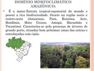 DOMÍNIO MORFOCLIMÁTICO
AMAZÔNICO:
   É a maior floresta tropical-equatorial do mundo e
possui a rica biodiversidade. Ocorre na região norte e
centro-oeste (Amazonas, Para, Roraima, Acre,
Rondônia, Mato Grosso, Amapá, Maranhão e
Tocantins). Caracteriza-se pela presença de árvores de
grande porte, situadas bem próximas umas das outras e
entrelaçadas com cipós.
 