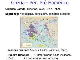 Grécia - Per. Pré Homérico Cidades-Estado:  Micenas , Iolco, Pilo e Tebas Economia:  Navegação, agricultura, comércio e escrita Invasões arianas:  Aqueus, Eólios, Jônios e Dórios Primeira Diáspora  Determinada pelas invasões Dórias  Fim do Período Pré Homérico 