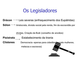 Os Legisladores Drácon   Leis severas (enfraquecimento dos Eupátridas) Sólon   Aristocrata, divisão social pela renda, fim da escravidão por   dívidas, Criação da Bulé   (conselho   de   anciãos) Pisístrato  Estabelecimento da tirania Clístenes  Democracia -apenas para cidadãos (exceto mulheres,  metecos e escravos) 