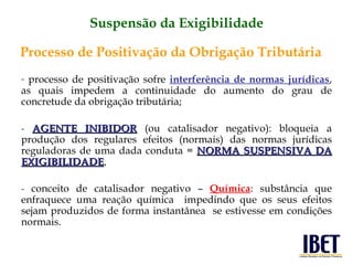 processo de positivação sofre  interferência de normas jurídicas , as quais impedem a continuidade do aumento do grau de concretude da obrigação tributária; -  AGENTE INIBIDOR   (ou catalisador negativo): bloqueia a produção dos regulares efeitos (normais) das normas jurídicas reguladoras de uma dada conduta =  NORMA SUSPENSIVA DA EXIGIBILIDADE . -  conceito de catalisador negativo –  Química : substância que enfraquece uma reação química  impedindo que os seus efeitos sejam produzidos de forma instantânea  se estivesse em condições normais. Processo de Positivação da Obrigação Tributária Suspensão da Exigibilidade 