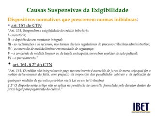 Dispositivos normativos que prescrevem normas inibidoras : art. 151 do CTN “ Art. 151. Suspendem a exigibilidade do crédito tributário: I - moratória; II - o depósito do seu montante integral; III - as reclamações e os recursos, nos termos das leis reguladoras do processo tributário administrativo; IV - a concessão de medida liminar em mandado de segurança; V – a concessão de medida liminar ou de tutela antecipada, em outras espécies de ação judicial;    VI – o parcelamento.” art. 161, § 2º do CTN “ Art. 161. O crédito não integralmente pago no vencimento é acrescido de juros de mora, seja qual for o motivo determinante da falta, sem prejuízo da imposição das penalidades cabíveis e da aplicação de quaisquer medidas de garantia previstas nesta Lei ou em lei tributária   § 2º O disposto neste artigo não se aplica na pendência de consulta formulada pelo devedor dentro do prazo legal para pagamento do crédito.” Causas Suspensivas da Exigibilidade 