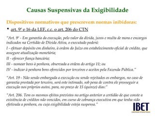 Dispositivos normativos que prescrevem normas inibidoras: art. 9º e 16 da LEF, c.c. o art. 206 do CTN “ Art. 9º - Em garantia da execução, pelo valor da dívida, juros e multa de mora e encargos indicados na Certidão de Dívida Ativa, o executado poderá: I - efetuar depósito em dinheiro, à ordem do Juízo em estabelecimento oficial de crédito, que assegure atualização monetária; II - oferecer fiança bancária; III - nomear bens à penhora, observada a ordem do artigo 11; ou IV - indicar à penhora bens oferecidos por terceiros e aceitos pela Fazenda Pública.” “ Art. 19 - Não sendo embargada a execução ou sendo rejeitados os embargos, no caso de garantia prestada por terceiro, será este intimado, sob pena de contra ele prosseguir a execução nos próprios autos, para, no prazo de 15 (quinze) dias:” “ Art. 206. Tem os mesmos efeitos previstos no artigo anterior a certidão de que conste a existência de créditos não vencidos, em curso de cobrança executiva em que tenha sido efetivada a penhora, ou cuja exigibilidade esteja suspensa.” Causas Suspensivas da Exigibilidade 