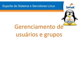 Suporte de Sistema e Servidores Linux
Gerenciamento de
usuários e grupos
 