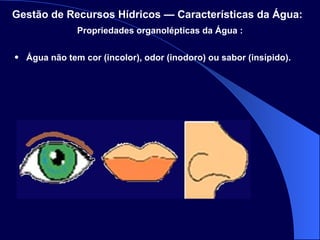   Água não tem cor (incolor), odor (inodoro) ou sabor (insípido).  Gestão de Recursos Hídricos — Características da Água:   Propriedades organolépticas da Água : 