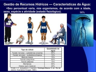 Seu percentual varia, nos organismos, de acordo com a idade, sexo, espécie e atividade (estado fisiológico). Gestão de Recursos Hídricos — Características da Água:   98%  