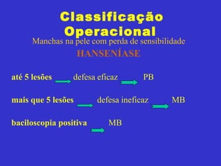 Classificação
Operacional
Manchas na pele com perda de sensibilidade
HANSENÍASE
até 5 lesões defesa eficaz PB
mais que 5 lesões defesa ineficaz MB
baciloscopia positiva MB
 