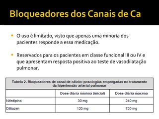 O uso é limitado, visto que apenas uma minoria dos pacientes responde a essa medicação.  Reservados para os pacientes em classe funcional III ou IV e que apresentam resposta positiva ao teste de vasodilatação pulmonar. 