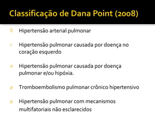 Hipertensão arterial pulmonar Hipertensão pulmonar causada por doença no coração esquerdo Hipertensão pulmonar causada por doença pulmonar e/ou hipóxia. Tromboembolismo pulmonar crônico hipertensivo Hipertensão pulmonar com mecanismos multifatoriais não esclarecidos 