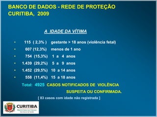 A IDADE DA VÍTIMA
• 115 ( 2,3% ) gestante > 18 anos (violência fetal)
• 607 (12,3%) menos de 1 ano
• 754 (15,3%) 1 a 4 anos
• 1.439 (29,2%) 5 a 9 anos
• 1.452 (29,5%) 10 a 14 anos
• 558 (11,4%) 15 a 18 anos
Total: 4925 CASOS NOTIFICADOS DE VIOLÊNCIA
SUSPEITA OU CONFIRMADA.
[ 83 casos com idade não registrada ]
BANCO DE DADOS - REDE DE PROTEÇÃO
CURITIBA, 2009
 