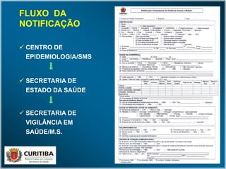 FLUXO DA
NOTIFICAÇÃO
 CENTRO DE
EPIDEMIOLOGIA/SMS
 SECRETARIA DE
ESTADO DA SAÚDE
 SECRETARIA DE
VIGILÂNCIA EM
SAÚDE/M.S.
 