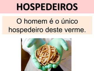 HOSPEDEIROS
O homem é o único
hospedeiro deste verme.
 