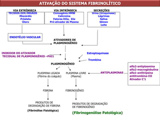 ATIVAÇÃO DO SISTEMA FIBRINOLÍTICO
VIA EXTRÍNSECA VIA INTRÍNSECA SECREÇÕES
TECIDOS DOS ÓRGÃOS
Miocárdio
Próstata
Útero
Cininogênio HMW
Calicreína
Fatores XIIa, XIa
Pró-ativador de Plasma
Urina (Uroquinase)
Lágrimas
Saliva
Sêmen
Leite
ENDOTÉLIO VASCULAR
ATIVADORES DE
PLASMINOGÊNIO
PLASMINOGÊNIO
INIBIDOR DO ATIVADOR
TECIDUAL DE PLASMINOGÊNIO –PAI1
Estreptoquinase
Trombina
PLASMINA LIGADA
(Fibrina do coágulo)
PLASMINA LIVRE
(Plasma)
ANTIPLASMINAS
alfa2-antiplasmina
alfa2-macroglobulina
alfa1-antitripsina
antitrombina-III
Ativador C’1
FIBRINA FIBRINOGÊNIO
PRODUTOS DE
DEGRADAÇÃO DE FIBRINA
(Fibrinólise Fisiológica)
PRODUTOS DE DEGRADAÇÃO
DE FIBRINOGÊNIO
(Fibrinogenólise Patológica)
 