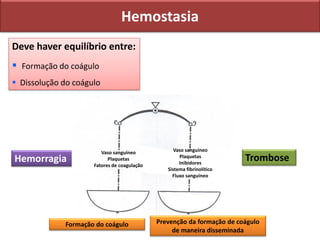 Hemostasia
Deve haver equilíbrio entre:
 Formação do coágulo
 Dissolução do coágulo
Hemorragia Trombose
Vaso sanguíneo
Plaquetas
Fatores de coagulação
Vaso sanguíneo
Plaquetas
Inibidores
Sistema fibrinolítico
Fluxo sanguíneo
Formação do coágulo Prevenção da formação de coágulo
de maneira disseminada
 