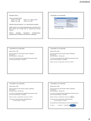 21/07/2015
6
Indicações clínicas:
-Valor do hematócrito (Ht)
-Equino = ou < 15% -Canino = ou < 12% (ou 15%)
-Bovino = ou < 14% - Felino = ou < 10%
Número total de Hemácias = ou < Valor Mínimo da espécie
OBS: animais com anemia aguda geralmente necessitam de TS
antes mesmo do Ht atingir 15%, ao contrário das anemias
crônicas.
Outras indicações: hipovolemia, trombocitopenia,
hipoproteinemia e deficiência dos fatores de coagulação.
- Quantidade a ser transfundida
Espécie Volume recomendado
Canino 20 mL/kg para aumentar o Ht
em até 10%
- 500 mL para cães de gd porte
Felino 20mL/kg
Seringa de 60mL –
procedimento prático
Equino, Bovino e Ovinos Limite = 20mL/kg
Fonte: Thrall et al. (2004)
- Quantidade a ser transfundida
Segundo Silveira, 1988.
Partir do principio que cada 10mL/kg  repõem 1.000.000 de
hemácias/mm³
Usar como volemia – 10% peso vivo
Ex: 1) Cão com 10 kg apresentando 2.000.000 de hemácias/mm³ (valor
mínimo normal de hemácias = 5.500.000)
- Quantidade a ser transfundida
Segundo Silveira, 1988.
Partir do principio que cada 10mL/kg  repõem 1.000.000 de
hemácias/mm³
Usar como volemia – 10% peso vivo
Ex: 1) Cão com 10 kg apresentando 2.000.000 de hemácias/mm³ (valor
mínimo normal de hemácias = 5.500.000)
Cálculo = 10 x (5,5 – 2) x peso (10) = 10 x 10 x 3,5 = 350 mL
- Quantidade a ser transfundida
Segundo Silveira, 1988.
Partir do principio que cada 10mL/kg  repõem 1.000.000 de
hemácias/mm³
Usar como volemia – 10% peso vivo
Ex: 1) Cão com 10 kg apresentando 2.000.000 de hemácias/mm³ (valor
mínimo normal de hemácias = 5.500.000)
Cálculo = 10 x (5,5 – 2) x peso (10) = 10 x 10 x 3,5 = 350 mL
Ex. 2) Cão com 34 kg apresentando 1.800.000 hemácias
= 10 x (5,5-1,8) x 34 = 1L 258 mL
- Quantidade a ser transfundida
Segundo Silveira, 1988.
Partir do principio que cada 10mL/kg  repõem 1.000.000 de
hemácias/mm³
Usar como volemia – 10% peso vivo
Ex: 1) Cão com 10 kg apresentando 2.000.000 de hemácias/mm³ (valor
mínimo normal de hemácias = 5.500.000)
Cálculo = 10 x (5,5 – 2) x peso (10) = 10 x 10 x 3,5 = 350 mL
Ex. 2) Cão com 34 kg apresentando 1.800.000 hemácias
= 10 x (5,5-1,8) x 34 = 1L 258 mL
Ou transfundir de 25 a 50% da volemia em casos anemia aguda grave –
Ex: 10 kg ---------------volemia 1L ----transfundir de 500 a 250 mL
 