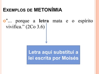 EXEMPLOS DE METONÍMIA

“... porque a letra mata e o espírito
 vivifica.” (2Co 3.6)




          Letra aqui substitui a
          lei escrita por Moisés
 