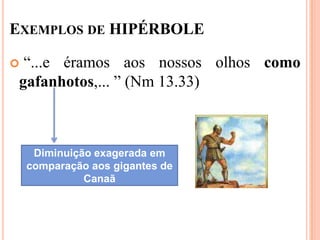 EXEMPLOS DE HIPÉRBOLE

 “...e éramos aos nossos olhos como
 gafanhotos,... ” (Nm 13.33)



     Diminuição exagerada em
    comparação aos gigantes de
              Canaã
 