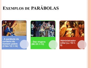 EXEMPLOS DE PARÁBOLAS




- A parábola da
cordeira do                       Administrador
                  - Dez virgens
homem pobre                       infiel (Lc 16:1-
                  (Mt 25:1-13)
(2 Sm 12.1-14)                    9)
 