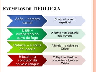 EXEMPLOS DE TIPOLOGIA

    Adão – homem        Cristo – homem
       carnal              espiritual

        Elias –
                      A igreja – arrebatada
    arrebatado no          nas nuvens
    carro de fogo

   Rebeca – a noiva   A igreja – a noiva de
      de Isaque               Cristo

      Eliezer – o      O Espírito Santo –
     condutor da      conduzirá a Igreja a
    noiva a Isaque          Cristo
 