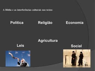 A Bíblia e as interferências culturais nos textos
Política Religião Economia
Leis
Agricultura
Social
 