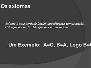 Os axiomas
Axioma é uma verdade inicial, que dispensa comprovação,
visto que é a partir dela que nascem as teorias.
Um Exemplo: A=C, B=A, Logo B=C
 
