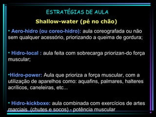 ESTRATÉGIAS DE AULA
Shallow-water (pé no chão)
• Aero-hidro (ou coreo-hidro): aula coreografada ou não
sem qualquer acessório, priorizando a queima de gordura;
• Hidro-local : aula feita com sobrecarga priorizan-do força
muscular;
•Hidro-power: Aula que prioriza a força muscular, com a
utilização de aparelhos como: aquafins, palmares, halteres
acrílicos, caneleiras, etc...
• Hidro-kickboxe: aula combinada com exercícios de artes
marciais (chutes e socos) - potência muscular

 