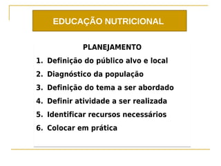 EDUCAÇÃO NUTRICIONAL


            PLANEJAMENTO
1. Definição do público alvo e local
2. Diagnóstico da população
3. Definição do tema a ser abordado
4. Definir atividade a ser realizada
5. Identificar recursos necessários
6. Colocar em prática
 