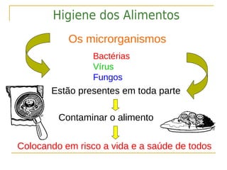 Higiene dos Alimentos
           Os microrganismos
                 Bactérias
                 Vírus
                 Fungos
       Estão presentes em toda parte

         Contaminar o alimento


Colocando em risco a vida e a saúde de todos
 