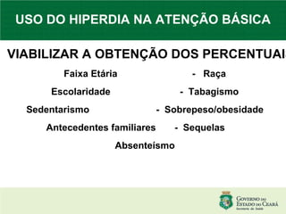 USO DO HIPERDIA NA ATENÇÃO BÁSICA VIABILIZAR A OBTENÇÃO DOS PERCENTUAIS: Faixa Etária  -  Raça Escolaridade  -   Tabagismo Sedentarismo  -  Sobrepeso/obesidade Antecedentes familiares  -  Sequelas  Absenteísmo 