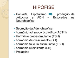 HIPÓFISE
 Controle: Hipotálamo produção de
oxitocina e ADH – Estocados na
Neurohipófise
 Secreção da Adenohipófise:
 hormônio adrenocorticotrófico (ACTH)
 Hormônio tireoestimulante (TSH)
 hormônio de crescimento (GH)
 hormônio folículo estimulante (FSH)
 hormônio luteinizante (LH)
 Prolactina
 