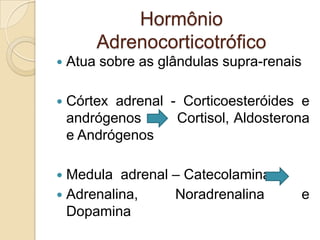 Hormônio
Adrenocorticotrófico
 Atua sobre as glândulas supra-renais
 Córtex adrenal - Corticoesteróides e
andrógenos Cortisol, Aldosterona
e Andrógenos
 Medula adrenal – Catecolaminas
 Adrenalina, Noradrenalina e
Dopamina
 