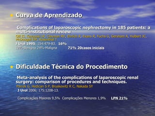 Curva de Aprendizado Complications of laparoscopic nephrectomy in 185 patients: a multi-institutional review Gill IS ,  Kavoussi LR ,  Clayman RV ,  Ehrlich R ,  Evans R ,  Fuchs G ,  Gersham A ,  Hulbert JC ,  McDougall EM ,  Rosenthal  T J Urol 1995 ; 154:479-83.  16%   12%-Benigna 24%-Maligna  71% 20casos iniciais Dificuldade Técnica do Procedimento  Meta-analysis of the complications of laparoscopic renal surgery: comparison of procedures and techniques. Parrek G, Hedican S P, Bruskewitz R C, Nakada SY J Urol  2006; 175:1208-13 . Complicações Maiores 9,5%  Complicações Menores 1,9%  LPN 21%   