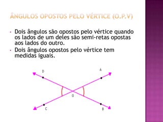 ÂNGULOS SUPLEMENTARESSão dois ângulos que somados são iguais a 180º, um é suplemento do outro.