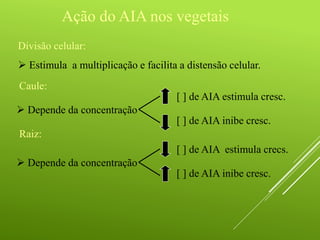  Depende da concentração
[ ] de AIA estimula cresc.
[ ] de AIA inibe cresc.
 Depende da concentração
[ ] de AIA estimula crecs.
[ ] de AIA inibe cresc.
Raiz:
Caule:
Ação do AIA nos vegetais
Divisão celular:
 Estimula a multiplicação e facilita a distensão celular.
 