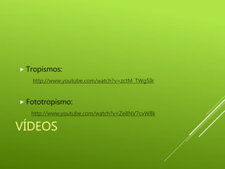 VÍDEOS
 Tropismos:
http://www.youtube.com/watch?v=zctM_TWg5Ik
 Fototropismo:
http://www.youtube.com/watch?v=Ze8NV7cvW8k
 