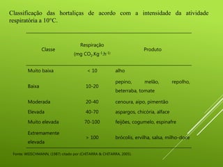 Classe
Respiração
(mg CO2.Kg-1.h-1)
Produto
Muito baixa < 10 alho
Baixa 10-20
pepino, melão, repolho,
beterraba, tomate
Moderada 20-40 cenoura, aipo, pimentão
Elevada 40-70 aspargos, chicória, alface
Muito elevada 70-100 feijões, cogumelo, espinafre
Extremamente
elevada
> 100 brócolis, ervilha, salsa, milho-doce
Classificação das hortaliças de acordo com a intensidade da atividade
respiratória a 10°C.
Fonte: WEISCHMANN, (1987) citado por (CHITARRA & CHITARRA, 2005).
 