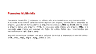 Formatos Multimídia
Elementos multimídia (como sons ou vídeos) são armazenados em arquivos de mídia.
A maneira mais comum para descobrir o tipo de um arquivo, é olhar para a extensão do
arquivo. Quando um navegador vê o arquivo de extensão .htm ou .html, ele vai tratar
o arquivo como um arquivo HTML. A extensão .xml indica um arquivo XML, e a
extensão .css indica um arquivo de folha de estilo. Fotos são reconhecidos por
extensões como .gif, .jpg e .png.
Arquivos multimídia também têm seus próprios formatos e diferentes extensões como:
.swf, .wav, .mp3, .mp4, .mpg, .wmv, e .avi.
 