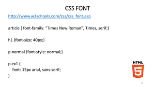 CSS Externo 
• usando arquivos CSS externos 
<head> 
<meta charset=“utf-8” 
<title>TITULO<title> 
<link rel="stylesheet" href="styles.css"> 
<head> 
26 
 