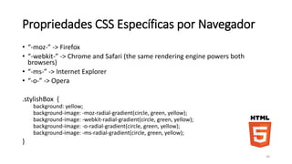 CSS Border 
p { 
border-style: solid ; 
border-color: black; 
border-spacing: 250px; 
border-width: 5px; 
} 
p { 
border: 5px solid black; 
} 
30 
 