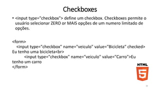 Atributo Pattern do elemento <INPUT> 
<form action="demo_form.asp"> 
Country code: <input type="text" name="country_code" 
pattern="[A-Za-z]{3}" title="Three letter country code“ required> 
<input type="submit"> 
</form> 
38 
http://www.w3schools.com/tags/att_input_pattern.asp 
 