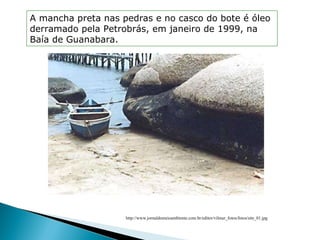 http://www.jornaldomeioambiente.com.br/editor/vilmar_fotos/fotos/site_01.jpg A mancha preta nas pedras e no casco do bote é óleo derramado pela Petrobrás, em janeiro de 1999, na Baía de Guanabara. 