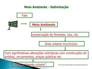 Meio Ambiente - Delimitação Meio Ambiente Fala preservação de florestas, rios, etc.  Área urbana  município  Com significativas alterações antrópicas com construções de prédios, arruamentos, praças públicas etc  http://www.aultimaarcadenoe.com/urbanismourbano.htm "meio ambiente urbano".  