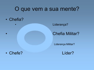 O que vem a sua mente?
• Chefia?
• Liderança?
»
• Chefia Militar?
» Liderança Militar?
• Chefe? Líder?
 