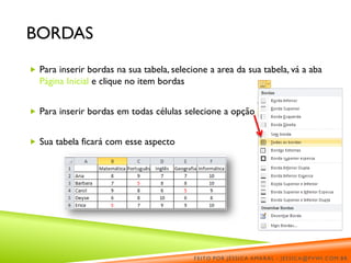 BORDAS
 Para inserir bordas na sua tabela, selecione a area da sua tabela, vá a aba
Página Inicial e clique no item bordas
 Para inserir bordas em todas células selecione a opção
 Sua tabela ficará com esse aspecto
FEITO POR JÉSSICA AMARAL - JESSICA@PVWI.COM.BR
 