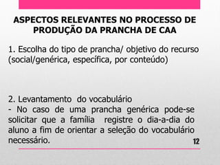 ASPECTOS RELEVANTES NO PROCESSO DE PRODUÇÃO DA PRANCHA DE CAA 
1. Escolha do tipo de prancha/ objetivo do recurso (social/genérica, específica, por conteúdo) 
2. Levantamento do vocabulário - No caso de uma prancha genérica pode-se solicitar que a família registre o dia-a-dia do aluno a fim de orientar a seleção do vocabulário necessário. 
12  