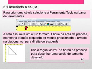 3.1 Inserindo a célula 
Para criar uma célula selecione a Ferramenta Tecla na barra de ferramentas. 
A seta assumirá um outro formato. Clique na área da prancha, mantenha o botão esquerdo do mouse pressionado e arraste na diagonal ou para direita ou esquerda. 
Use a régua visível na borda da prancha para desenhar uma célula do tamanho desejado! 
27  