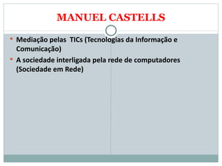 MANUEL CASTELLS Mediação pelas  TICs (Tecnologias da Informação e Comunicação) A sociedade interligada pela rede de computadores (Sociedade em Rede) 