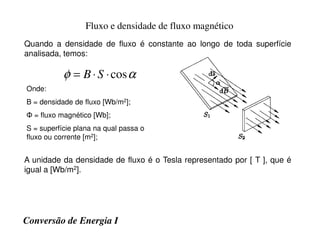 Fluxo e densidade de fluxo magnético
α
φ cos
⋅
⋅
= S
B
Onde:
B = densidade de fluxo [Wb/m2];
Φ = fluxo magnético [Wb];
Quando a densidade de fluxo é constante ao longo de toda superfície
analisada, temos:
Conversão de Energia I
S = superfície plana na qual passa o
fluxo ou corrente [m2];
A unidade da densidade de fluxo é o Tesla representado por [ T ], que é
igual a [Wb/m2].
 